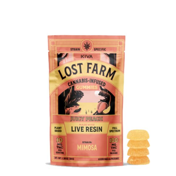 100mg 20pk Live Resin Gummies | Mimosa x Juicy Peach | Kiva Lost Farms