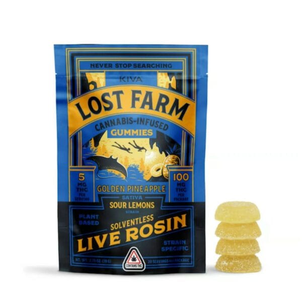 100mg Live Rosin Gummies | Sour Lemons x Golden Pineapple | Kiva Lost Farms